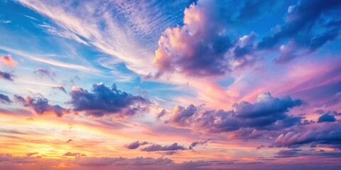 A Serene Panorama of Colorful Clouds at Sunset, with Hues of Pink, Orange, and Purple Painting the Sky