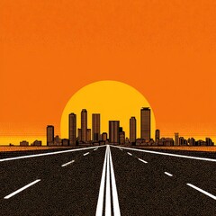 Road towards city, sunset backdrop. Graphic cityscape silhouette against vibrant orange sky, evoking a journey