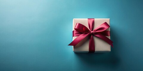 A thoughtfully wrapped present with a deep crimson ribbon, a symbol of celebratory gifting, rests on a tranquil blue background.