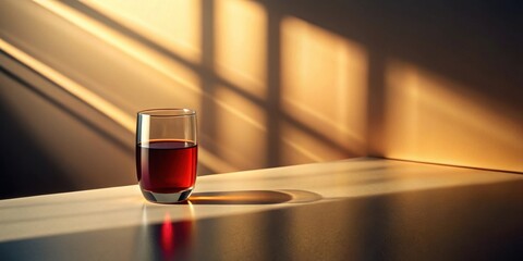 A glass of dark beverage sits on a light surface, bathed in the warm glow of sunlight streaming through a nearby window.  The shadows create a dramatic and peaceful mood.