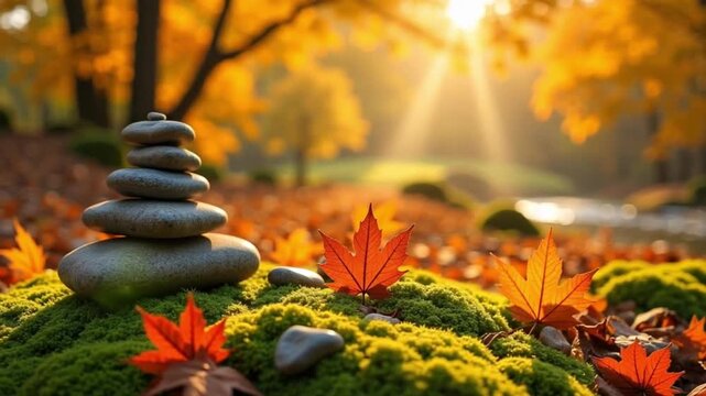 Autumn zen garden with balanced stones video
