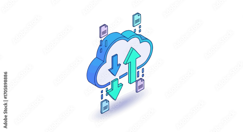 Poster isometric cloud computing illustration with upload and download arrows and file icons.
