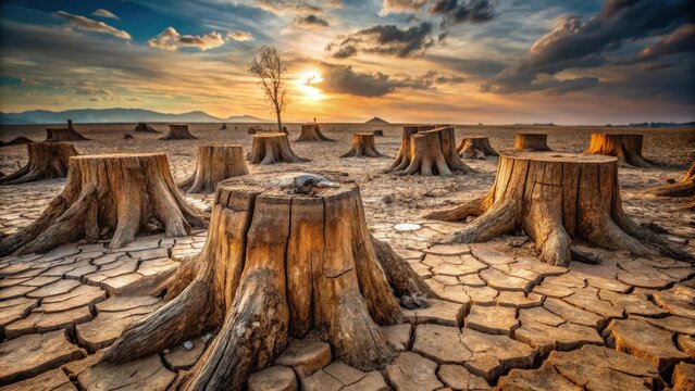 Sun-drenched remnants of a dried-up landscape, revealing ancient tree stumps in a desolate, parched terrain under a vibrant sunset sky