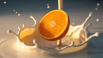 Vibrant orange slice splashing into creamy liquid creating dynamic droplets and motion, perfect for food and beverage marketing