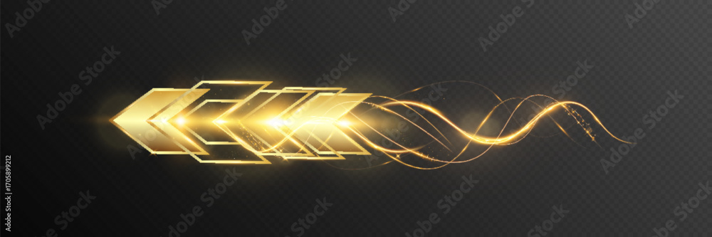 Poster golden glowing arrow with light trail and abstract wave motion effect on dark transparent background