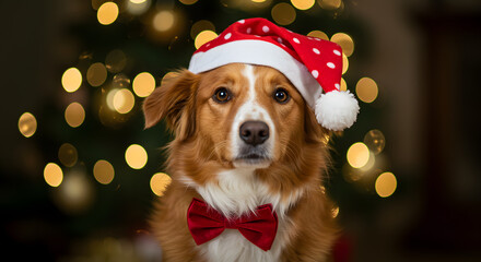 Dog in Bow Tie  Christmas Portrait with Bokeh Glow & Calm Expression