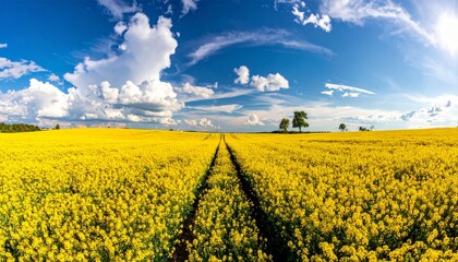 Obraz premium Canola or rapeseed yellow field and blue sky on a sunny day. Rural scene in spring, beautiful landscape. Agricultural industry.