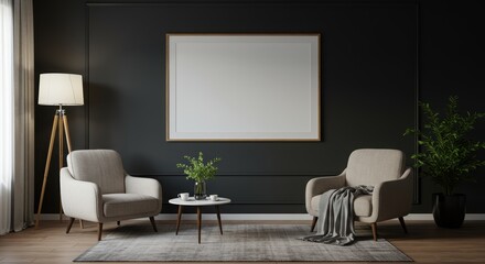 Fototapeta premium Modern minimalist living room interior with two comfortable armchairs a coffee table and plants on dark wall background with framed artwork