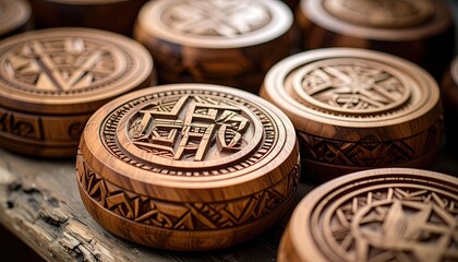 Detailed Hand Carved Wooden Boxes in Natural Wood Tone with Intricate Geometric and Cultural Patterns Displayed on Weathered Wooden Surface