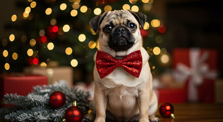 Red Bow Tie Portrait Christmas Scene with Ornaments, Gifts & Garland Glow