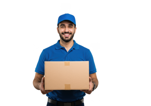 Delivery man holding a package isolated on transparent background