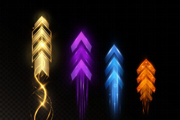 Bright glowing arrows set isolated on dark background, neon shiny arrow symbols in gold, purple, blue, orange colors, futuristic speed motion design elements for technology and decoration.