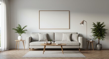 Modern minimalistic living room interior with neutral tones and greenery featu a comfortable sofa, wooden side tables, large wall frame, and natural light