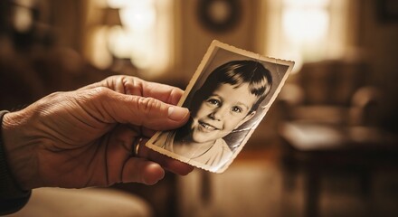 Hand holding old photograph of smiling child in cozy living room  