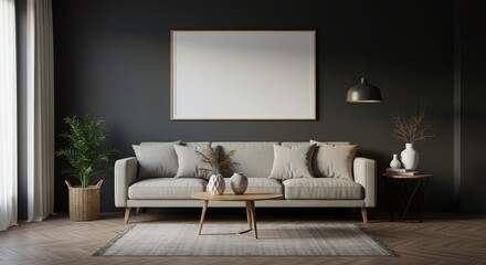 Modern minimalist living room interior with neutral gray sofa decorative cushions potted plants and wall art dark wall background contemporary design