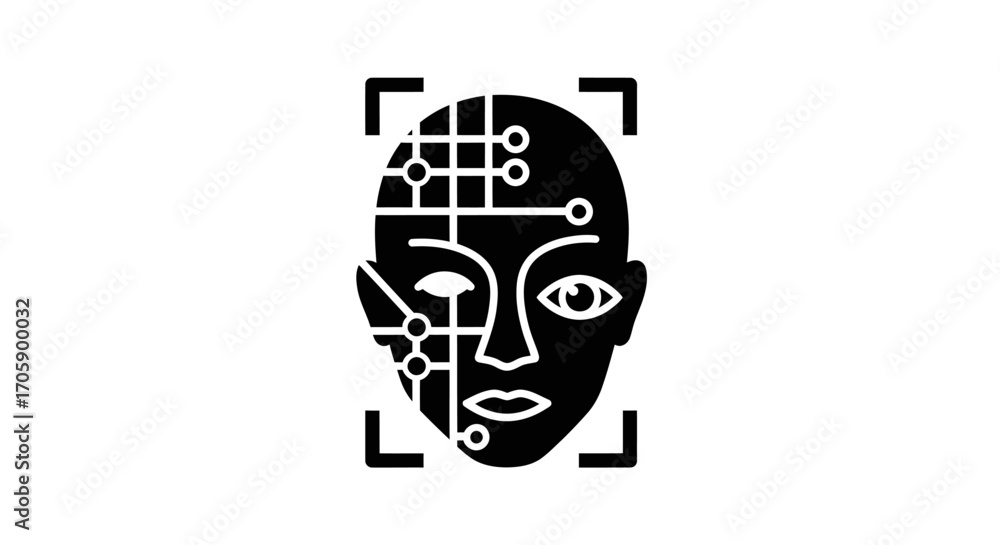 Poster ai facial recognition scan icon with circuitry face.