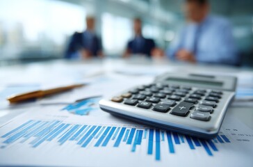 Calculator and charts in focus with blurred business people in the background during a meeting. Documents and pen on a table at a finance conference