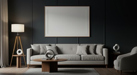Modern minimalist living room interior with gray sofa, wooden coffee table, floor lamp, large blank white wall art, dark accent wall, and cozy decor elements