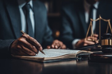 Formal setting with open book, pen in hand, scale and gavel suggesting legal documents. Rich shadows and deep focus