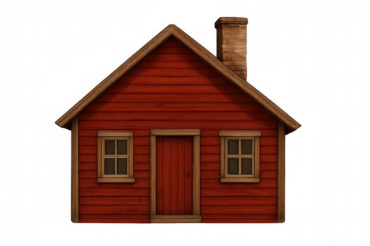 Isolated small red wooden house with a brick chimney on a transparent background, ideal for architectural visualization and design projects