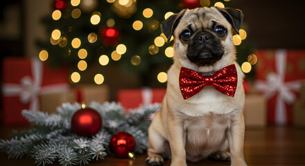 Pug in Christmas Scene Festive Portrait with Gifts, Ornaments & Pine Decor