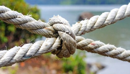Detailed Knot in Thick White Ropes Against Blurry Lake Background Landscape in Sunlight