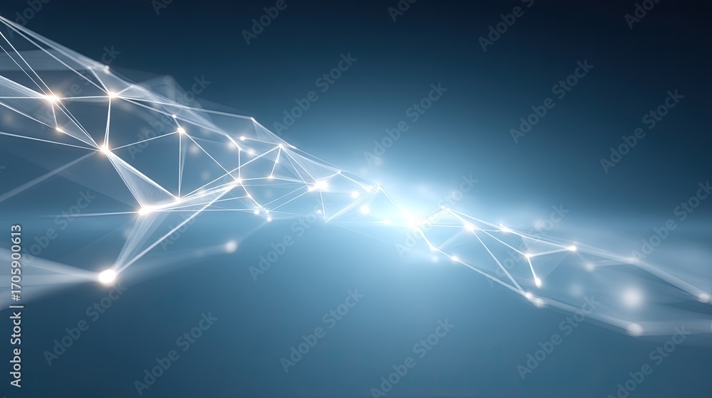 Poster abstract futuristic background with glowing lines and nodes in dynamic wave pattern on blue gradient