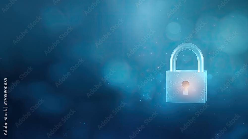 Poster digital security concept with transparent lock and glowing light on blue background for protection a