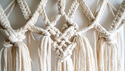 Detailed Macrame Wall Hanging With Braided Design on White Wall Close Up