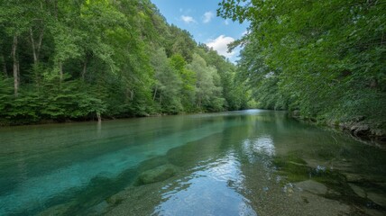 Fototapeta premium Serene turquoise river winds through lush green forest under a clear blue sky with fluffy white clouds