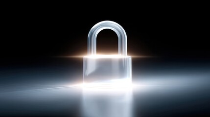 Transparent padlock symbolizing security, protection, and privacy with glowing light effect on a dark background