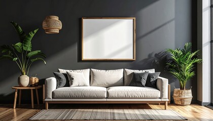 Modern minimalist living room with beige sofa, decorative pillows, indoor plants, wall mirror, natural lighting, and contemporary home decor design