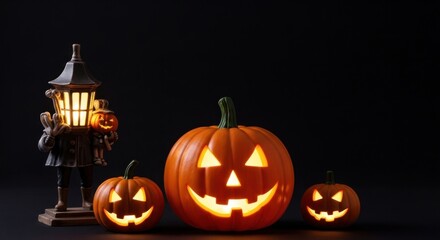 Obraz premium Three glowing jack o lanterns with a spooky lantern on a black backdrop