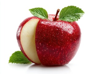 A shiny red apple with a slice removed, surrounded by fresh green leaves, all glistening with water droplets on a white surface