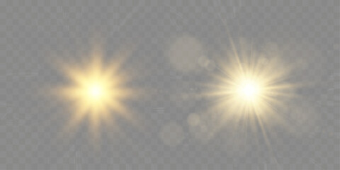 Glowing sunburst light effect. Soft golden flare with radial blur. Bright sunlight halo on white background.	