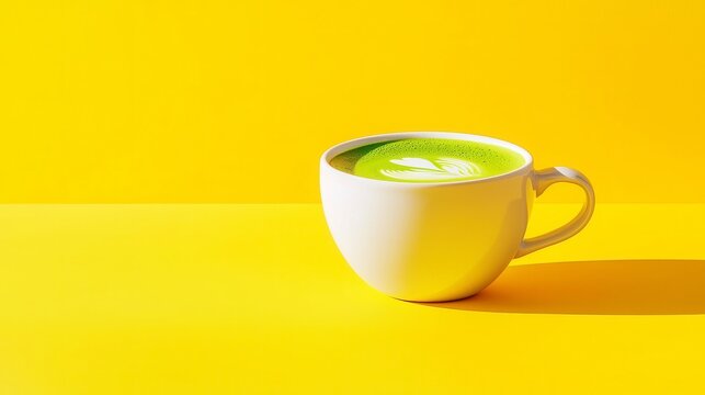 Bright green beverage in white cup, vibrant yellow backdrop, fresh and energizing drink, perfect for wellness themes.
