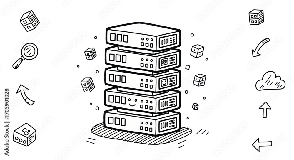 Poster hand-drawn doodle server stack illustration for data storage and networking.