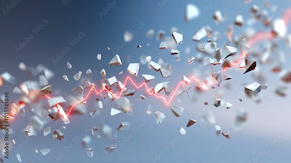 Poster abstract fragmented shards with vibrant red line on soft blue background for creative projects
