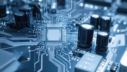 Detailed Macro Shot of a Circuit Board with Blue Tones and Focus on Central Processor Unit with Visible Traces and Electronic Components
