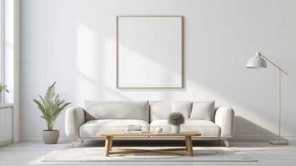 Bright Minimalist Living Room Interior Design with White Sofa and Modern Decor Featu Natural Light and Simple Green Plant for Contemporary Home Style