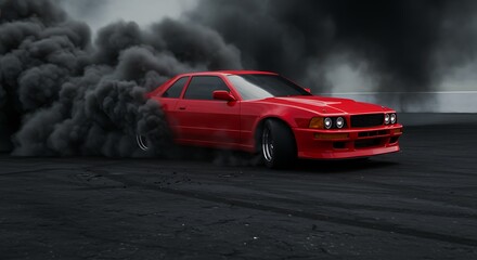 Fototapeta premium A solid red racing car doing a burnout, thick smoke around tires, asphalt cracking slightly, dramatic cinematic perspective, no logos, no text.