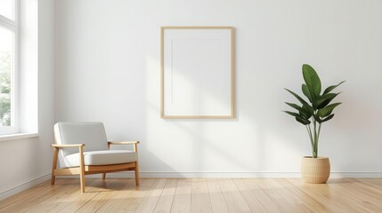 Fototapeta premium Minimalist Modern Interior Room Design with Light Wooden Floo and Bare Wall Blank Frame Decor with Indoor Plant for Contemporary Home Style