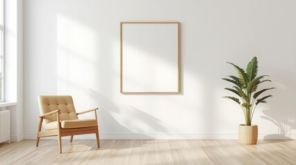 Minimalist Interior Room with Elegant Chair and Stylish Plant in Bright Space with Natural Light and Empty Frame on White Wall for Modern Design Concept