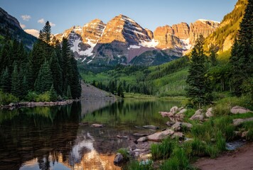Scenic view of snow-capped peaks reflecting in a serene lake, framed by lush greenery under a clear sky during golden hour