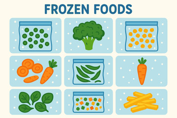 Frozen Foods Icons Set &ndash; Vegetables in Bags, Broccoli, Carrots, Peas, Healthy Nutrition_simple_compose