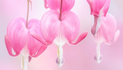 Detailed Macro Shot of Bleeding Heart Flowers with Pink Petals and White Accents in Soft Focus Against a Pastel Pink Background