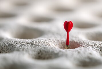 Red dart precisely hits the center of a hole in a textured, light-colored material. Close-up, shallow depth of field enhances focus