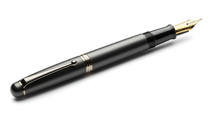 Fototapeta premium Elegant Matte Black Fountain Pen with Gold Nib Isolated on White Background Showcasing Writing Instrument