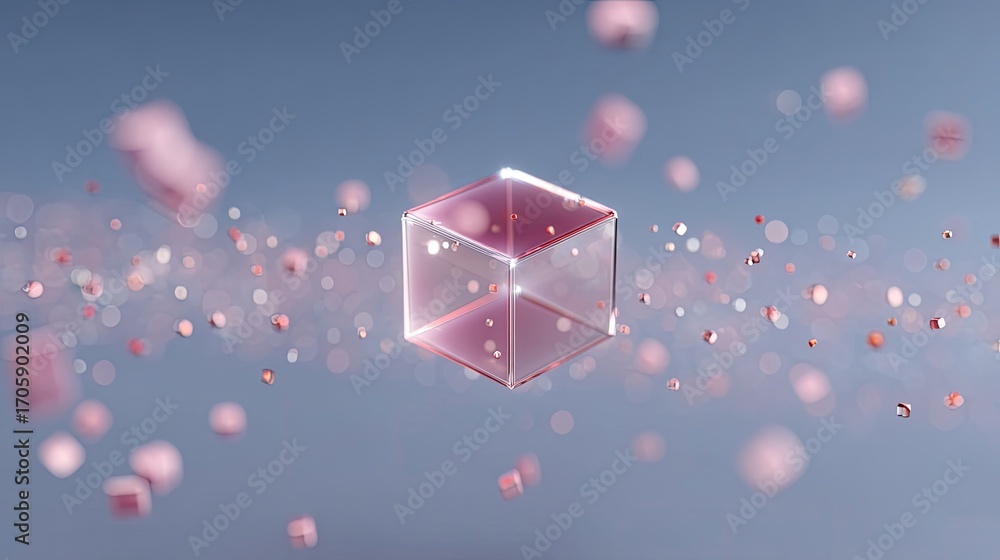 Poster transparent geometric cube surrounded by soft pink particles floating in a dreamy background with ge