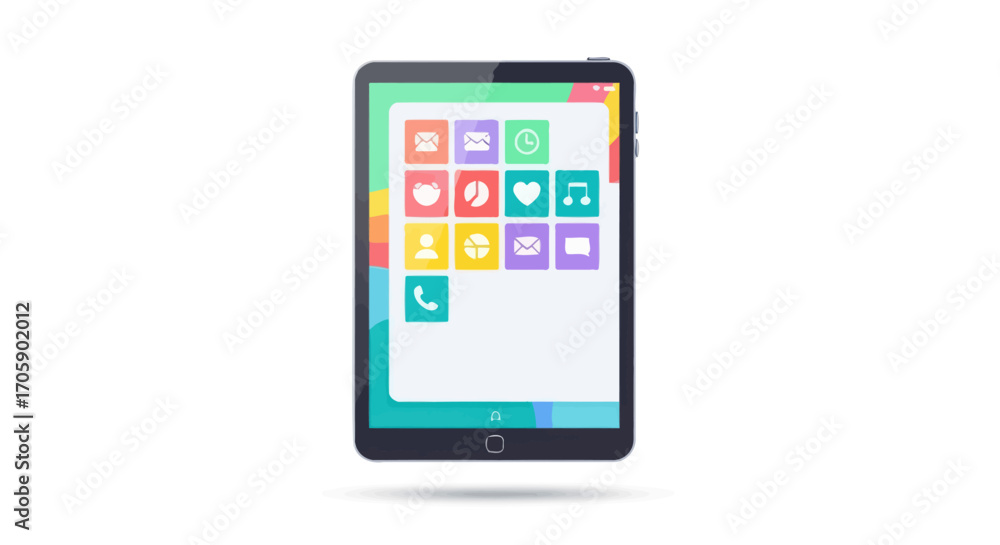 Poster modern tablet computer with colorful app icons displayed on screen.
